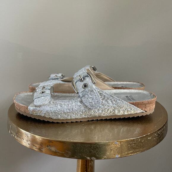 Stuart Weitzman Metallic Silver Leather Sandals | 6.5, Rare Birkinstock Style - Picture 4 of 9